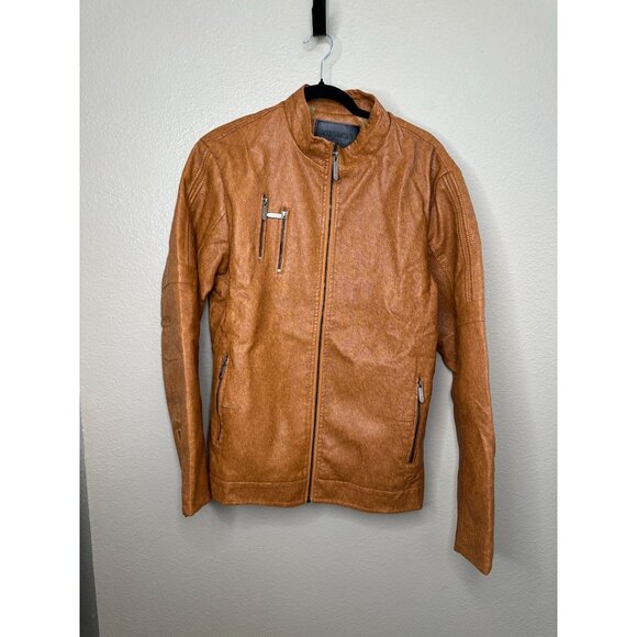 American Breed Mens Brown Faux Leather Jacket Large Sherpa Lining zipper - Picture 1 of 8
